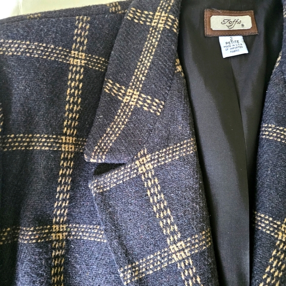 Toffs vintage wool blend blazer size 2 petite charcoal gray plaid single button - Picture 3 of 11
